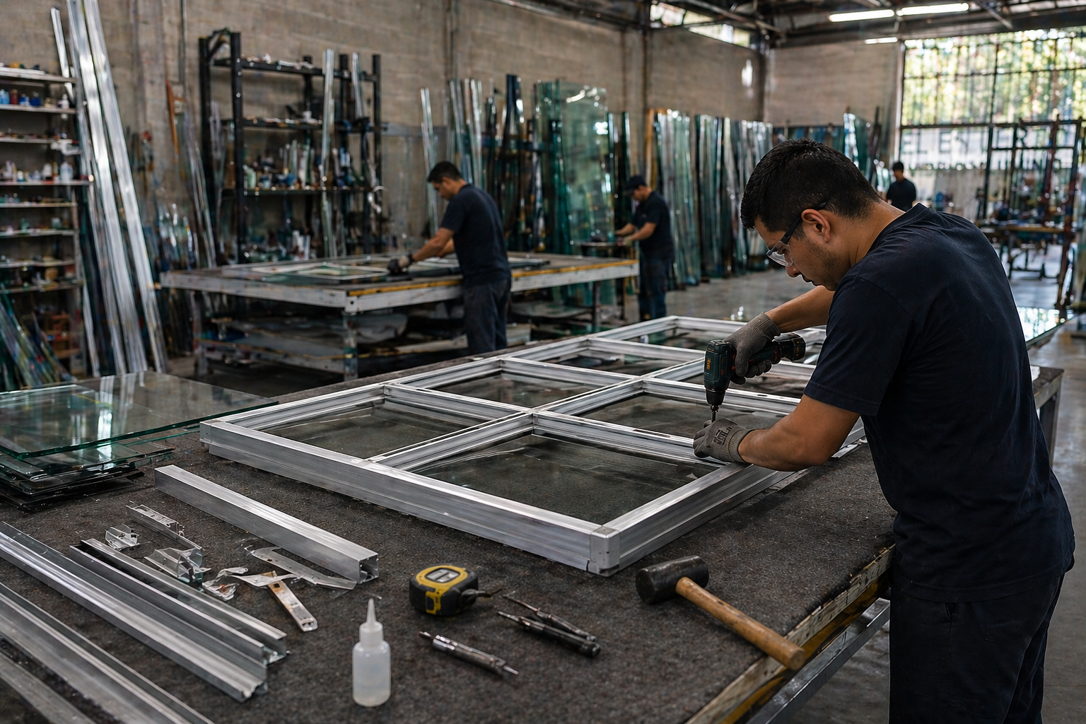 Proceso de fabricación en taller de vidrio y aluminio